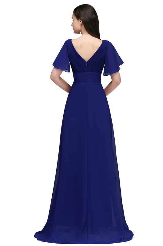 Elegant Puffy Sleeves Chiffon Aline Bridesmaid Dresses V-Neck Floor Length Evening Dress - Prom Dresses