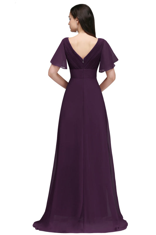 Elegant Puffy Sleeves Chiffon Aline Bridesmaid Dresses V-Neck Floor Length Evening Dress - Prom Dresses