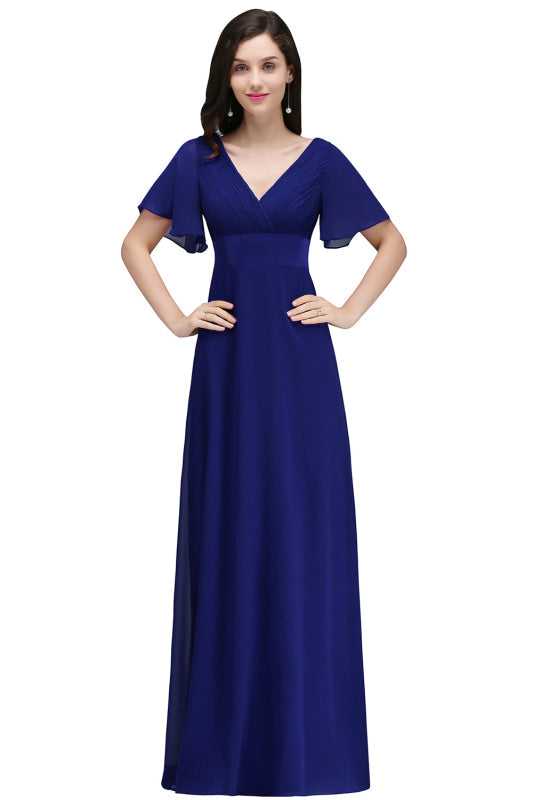 Elegant Puffy Sleeves Chiffon Aline Bridesmaid Dresses V-Neck Floor Length Evening Dress - Royal Blue / S - Prom Dresses