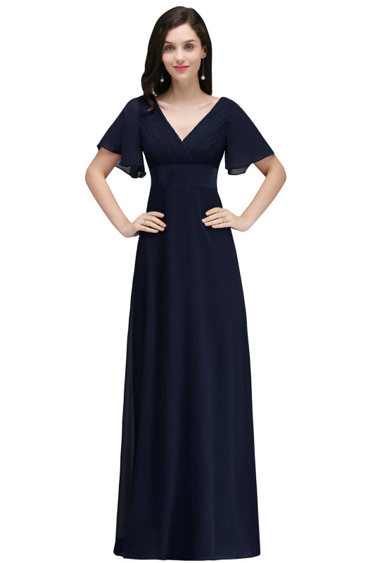 Elegant Puffy Sleeves Chiffon Aline Bridesmaid Dresses V-Neck Floor Length Evening Dress - Navy Blue / S - Prom Dresses