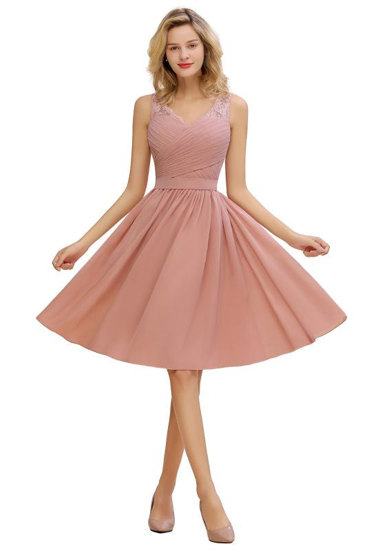 Elegant Ruffle Chiffon Short Bridesmaid Dress Sleeveless V-Neck Aline Knee Length Homecoming Dress - Prom Dresses