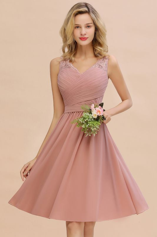 Elegant Ruffle Chiffon Short Bridesmaid Dress Sleeveless V-Neck Aline Knee Length Homecoming Dress - Prom Dresses