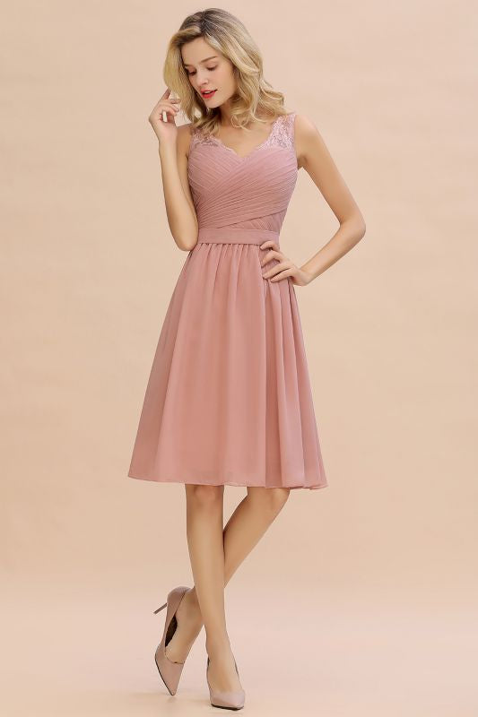 Elegant Ruffle Chiffon Short Bridesmaid Dress Sleeveless V-Neck Aline Knee Length Homecoming Dress - Prom Dresses