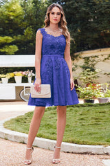 Elegant Scoop Neck Tulle Lace Short Homecoming Dress Sleeveless Appliques Mini Party Dress - Prom Dresses