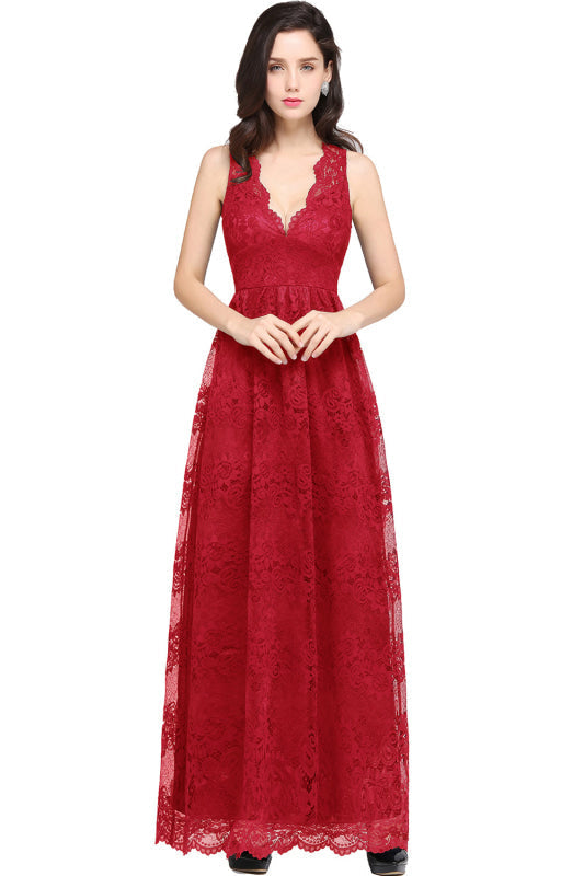 Elegant Sleeveless Bridesmaid Dress Floral Lace V-Neck Ankle Length Evening Dresses - Red / US 2 - Prom Dresses