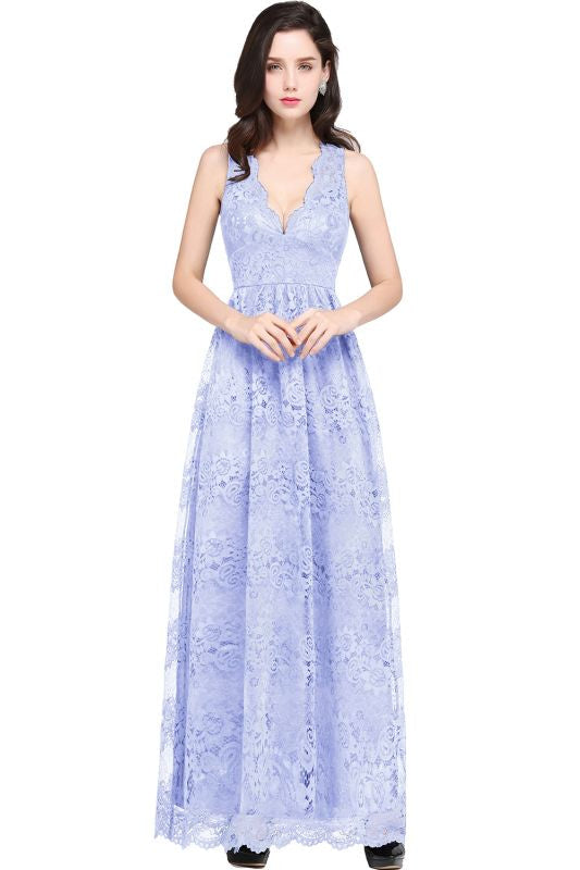 Elegant Sleeveless Bridesmaid Dress Floral Lace V-Neck Ankle Length Evening Dresses - Lavender / US 2 - Prom Dresses