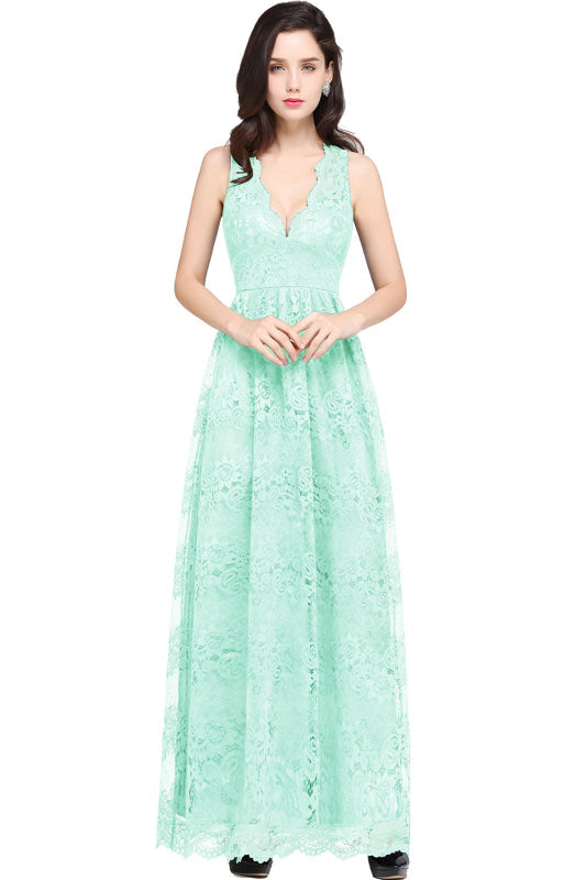 Elegant Sleeveless Bridesmaid Dress Floral Lace V-Neck Ankle Length Evening Dresses - Mint / US 2 - Prom Dresses