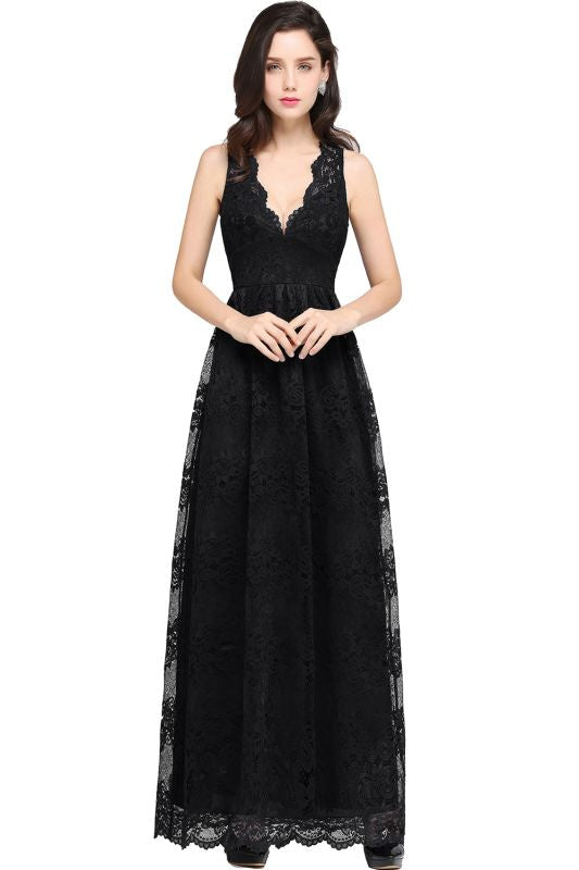 Elegant Sleeveless Bridesmaid Dress Floral Lace V-Neck Ankle Length Evening Dresses - Black / US 2 - Prom Dresses