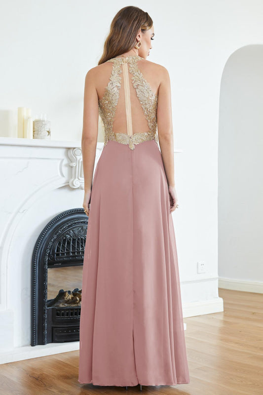 Elegant V-Neck Chiffon Long Evening Dress Sleeveless Gold Appliques Aline Special Occasion Dress - Prom Dresses