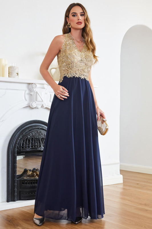 Elegant V-Neck Chiffon Long Evening Dress Sleeveless Gold Appliques Aline Special Occasion Dress - Prom Dresses