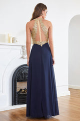 Elegant V-Neck Chiffon Long Evening Dress Sleeveless Gold Appliques Aline Special Occasion Dress - Prom Dresses