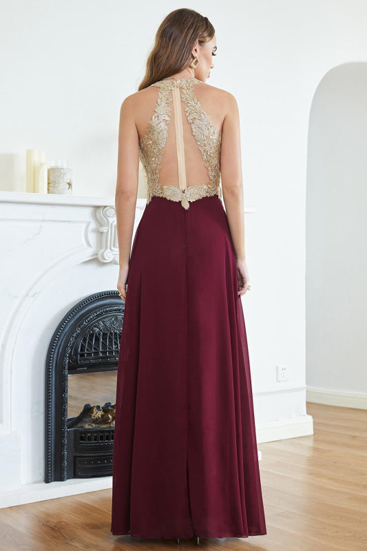 Elegant V-Neck Chiffon Long Evening Dress Sleeveless Gold Appliques Aline Special Occasion Dress - Prom Dresses