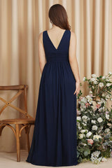 Elegant V-Neck Ruffle Chiffon Aline Bridesmaid Dress Sleeveless Long Evening Party Dress - Prom Dresses