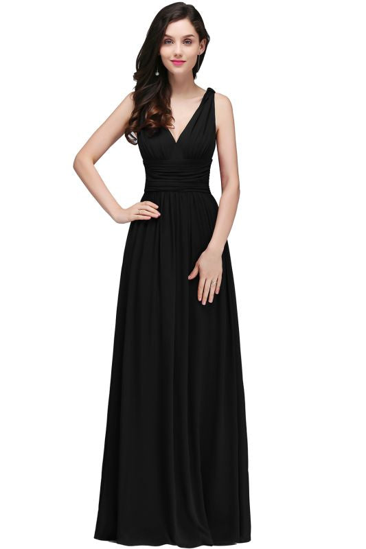 Elegant V-Neck Ruffle Chiffon Aline Bridesmaid Dress Sleeveless Long Evening Party Dress - Black / US 2 - Prom Dresses