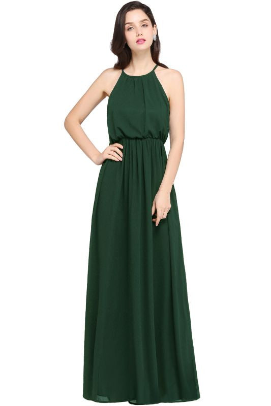 Halter Ruffle Chiffon Bridesmaid Dress Floor Length Casual Wear Dress - Dark Green / S - Prom Dresses