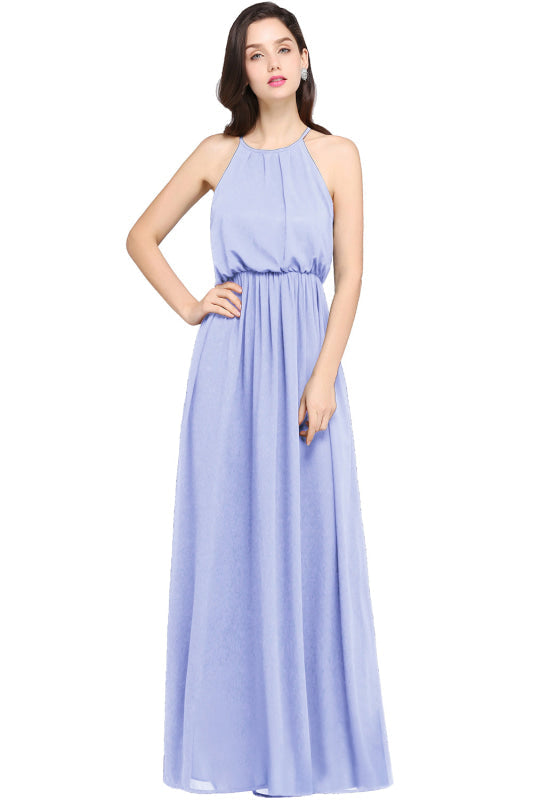 Halter Ruffle Chiffon Bridesmaid Dress Floor Length Casual Wear Dress - Lavender / S - Prom Dresses