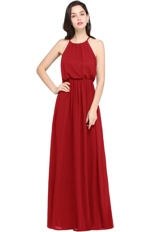 Halter Ruffle Chiffon Bridesmaid Dress Floor Length Casual Wear Dress - Red / S - Prom Dresses