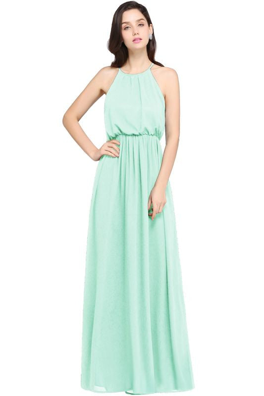 Halter Ruffle Chiffon Bridesmaid Dress Floor Length Casual Wear Dress - Mint / S - Prom Dresses