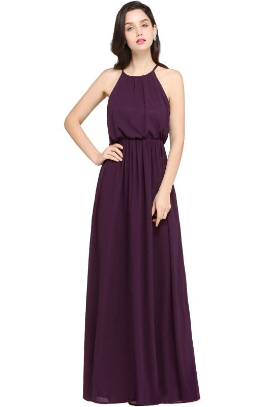 Halter Ruffle Chiffon Bridesmaid Dress Floor Length Casual Wear Dress - Grape / S - Prom Dresses