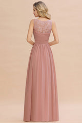 Modest Floral Lace A-line Bridesmaid Dress V-Neck Floor Length Ruched Chiffon Wedding Guest Dress - Prom Dresses