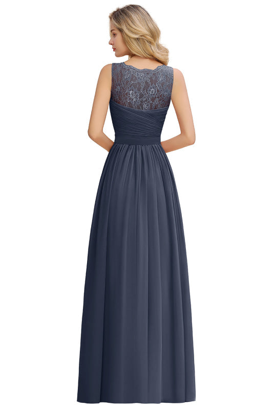 Modest Floral Lace A-line Bridesmaid Dress V-Neck Floor Length Ruched Chiffon Wedding Guest Dress - Prom Dresses