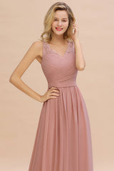 Modest Floral Lace A-line Bridesmaid Dress V-Neck Floor Length Ruched Chiffon Wedding Guest Dress - Prom Dresses