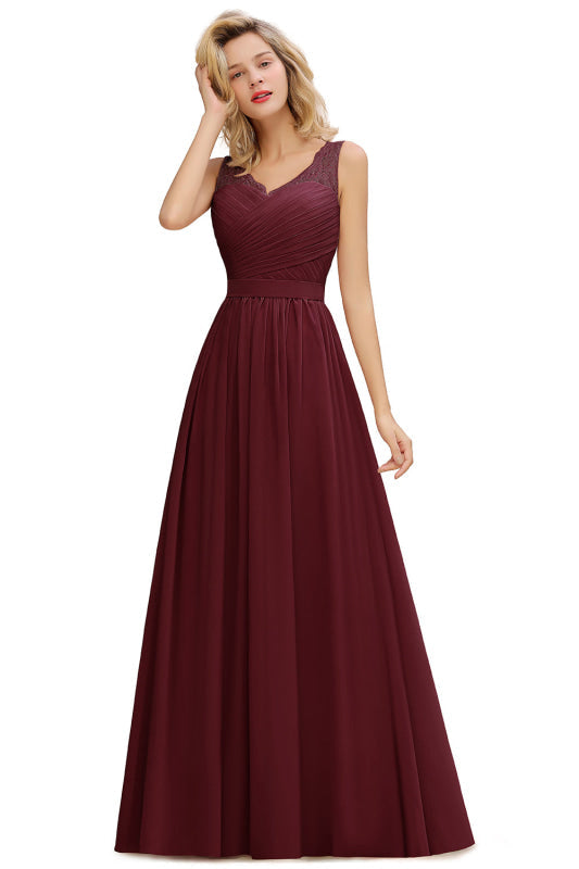 Modest Floral Lace A-line Bridesmaid Dress V-Neck Floor Length Ruched Chiffon Wedding Guest Dress - Burgundy / US 2 - Prom Dresses