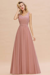 Modest Floral Lace A-line Bridesmaid Dress V-Neck Floor Length Ruched Chiffon Wedding Guest Dress - Prom Dresses