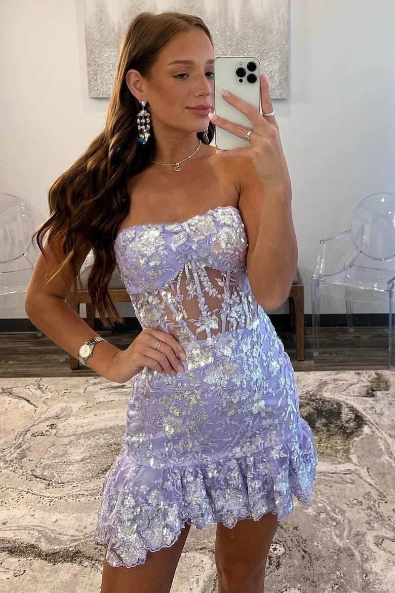 Strapless Lavender Sequin Tight Mini Dress with Ruffles