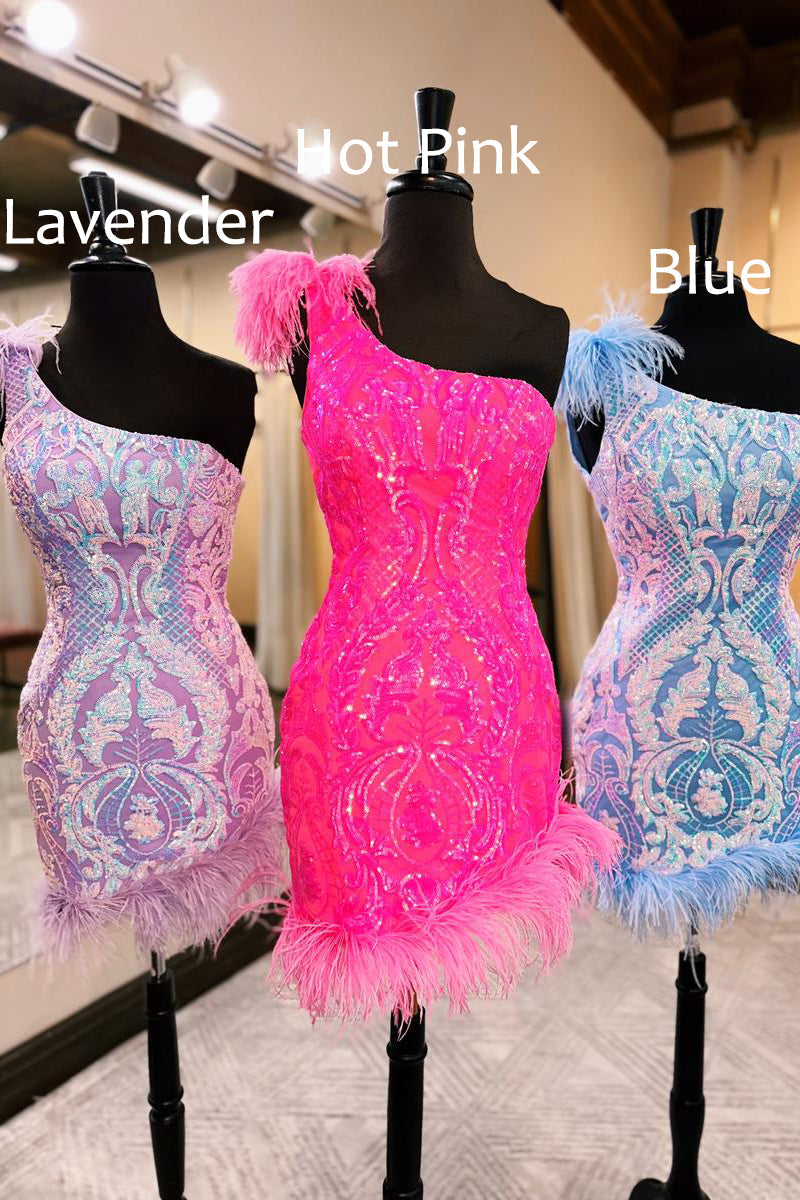 Unique Bodycon One Shoulder Hot Pink Sequins Lace Short Homecoming Dresses with Feather