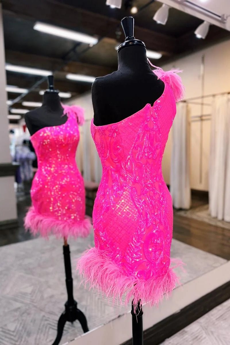 Unique Bodycon One Shoulder Hot Pink Sequins Lace Short Homecoming Dresses with Feather